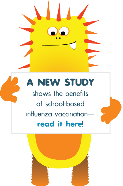 Dizzy the flu germ holds a sign saying "A new study shows the benefits of school-based influenza vaccination—read it here!"