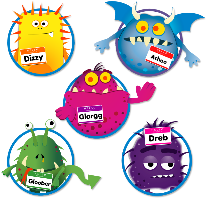 The five Flu Germs: Dizzy, Achoo, Glargg, Gloober, and Dreb